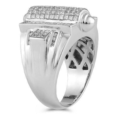 14K White Solid Gold Mens Large Ring With Princess Cut And Round Cut Diamonds 3.75 Ctw